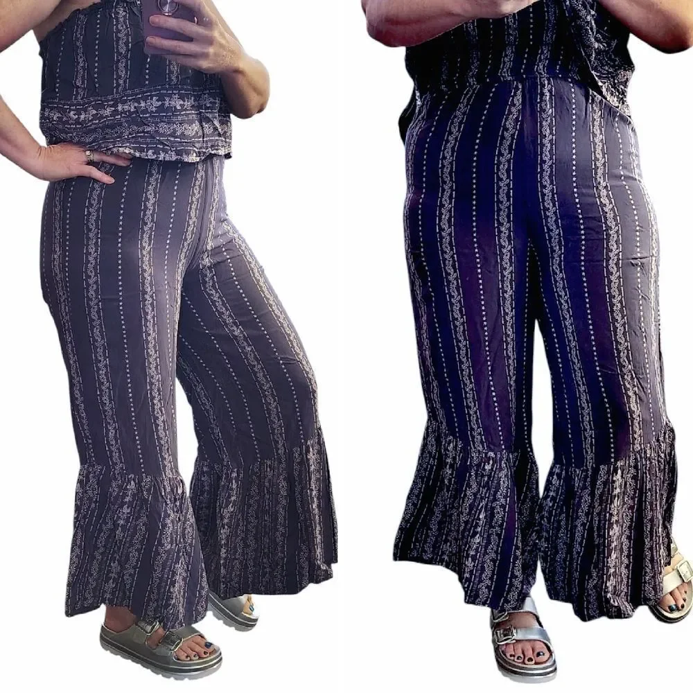 Japna Blue Striped Strapless Ruffle Top Boho‎ Crop Flare Jumpsuit Large